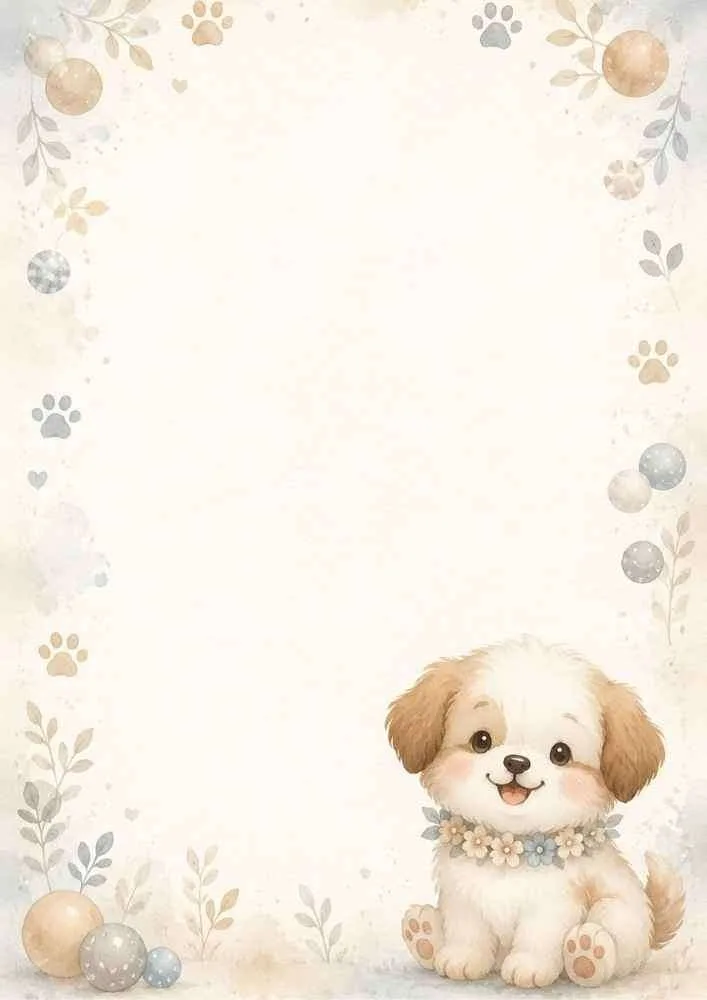 Cute puppy with a flower collar at the bottom of a soft floral border.