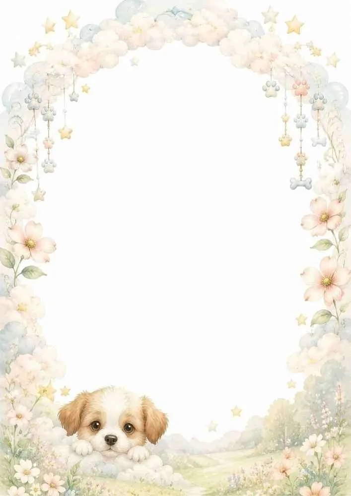 Puppy peeking from clouds beneath a floral arch with stars and bones.