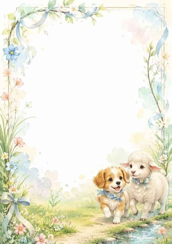 Puppy walking with a lamb in a flower garden border.