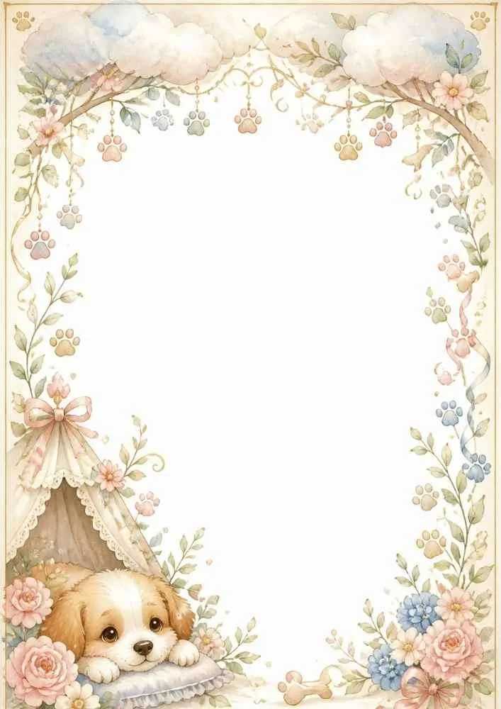Puppy resting in a tent with flowers and paw print decorations.