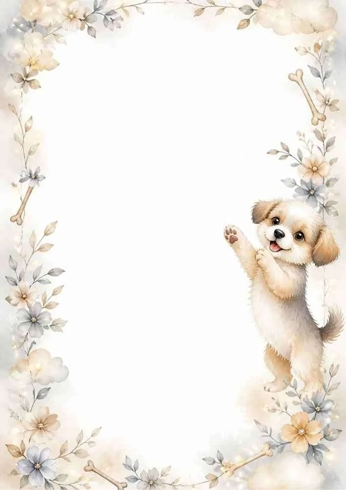 Standing puppy waving inside a floral border with bones and clouds.
