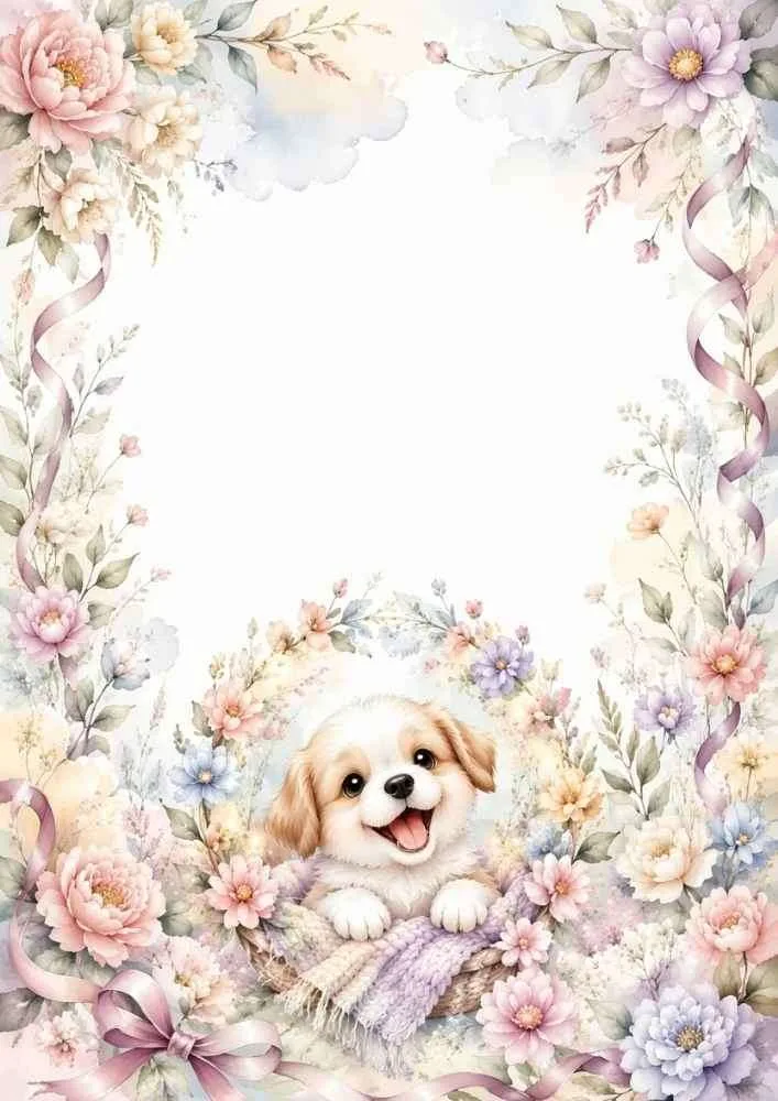 Puppy peeking from a basket with flowers and clovers.