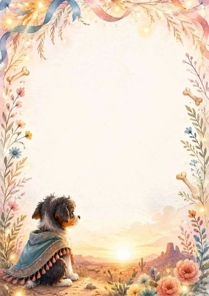 Puppy watching a desert sunset with flowers and ribbon border.