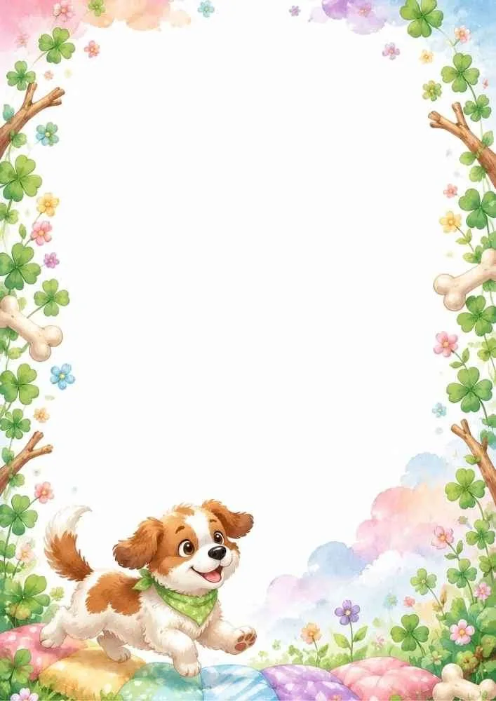 Running puppy in a colorful garden with flowers and clovers.