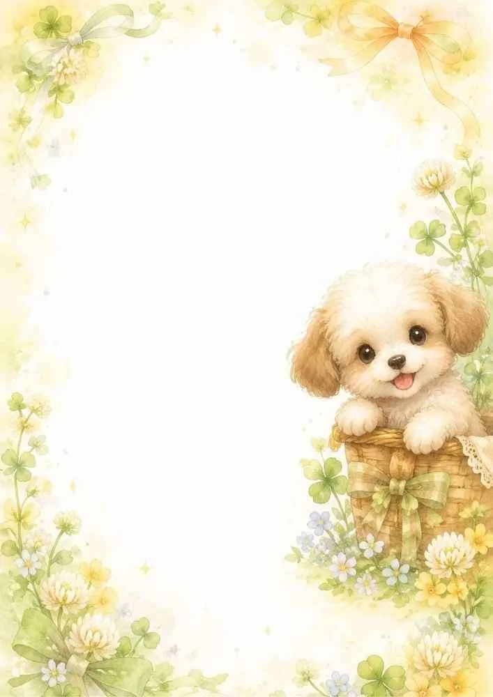 Puppy peeking from a flower basket with clovers and floral border.