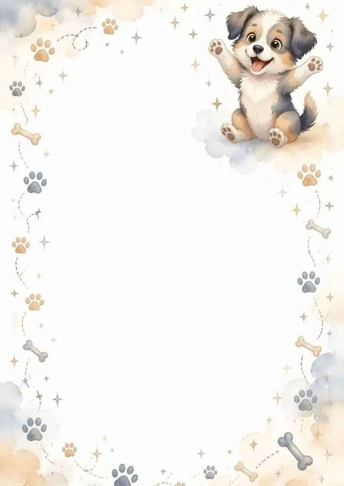 Puppy sitting on a cloud with stars, bones, and paw print border.