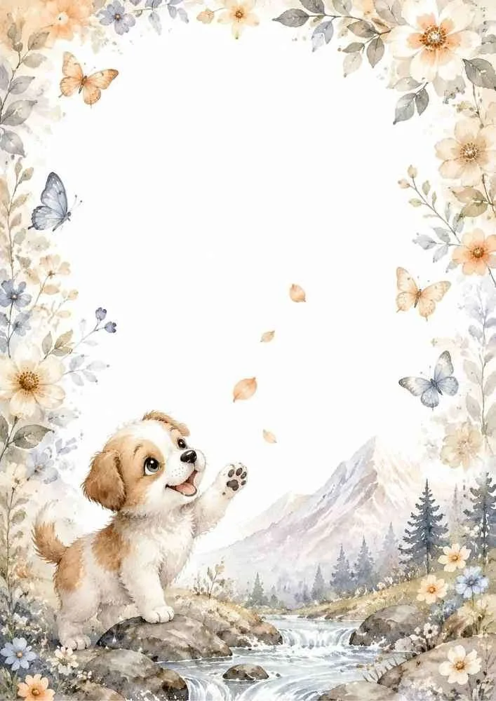 Puppy by a mountain river with flowers and butterflies.