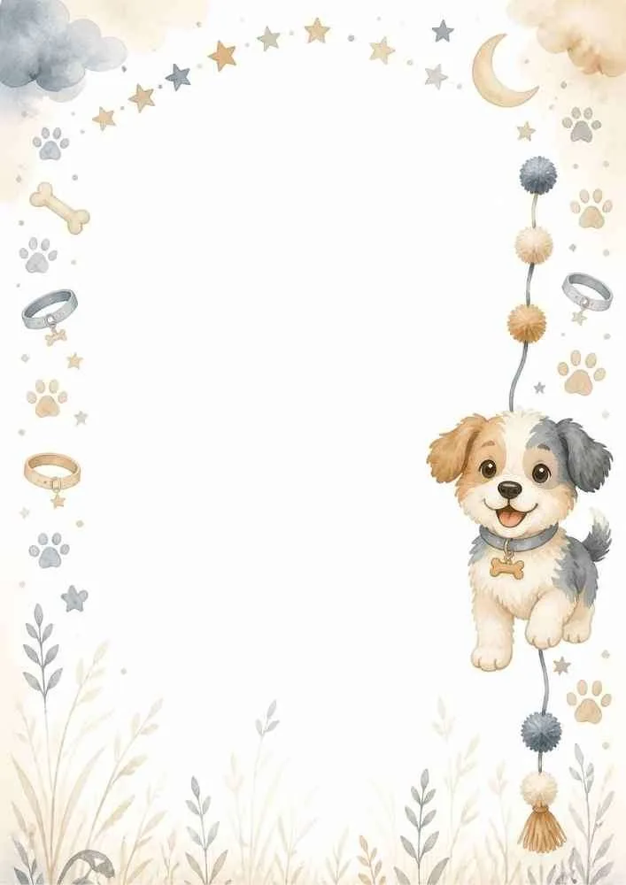 Puppy hanging from a rope with stars, bones, and paw print border.