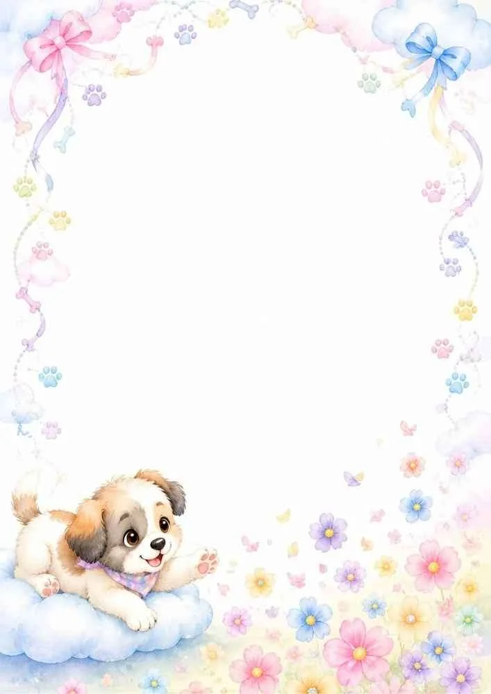 Puppy on a cloud with colorful flowers, ribbons, and paw prints.