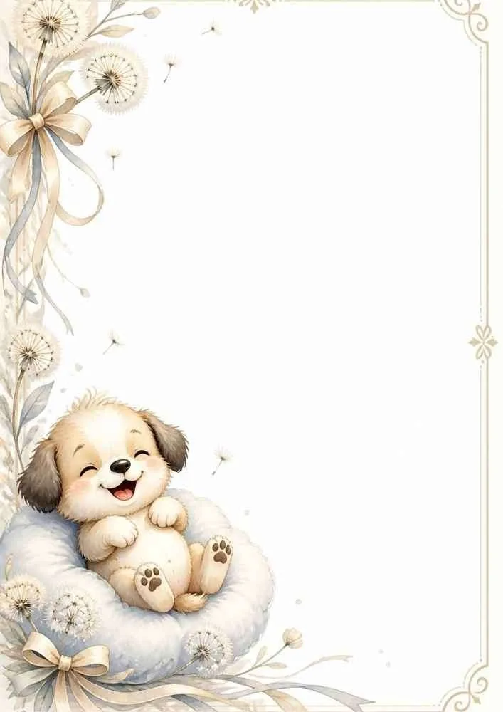 Happy puppy resting in a fluffy bed with dandelions and ribbon decorations.