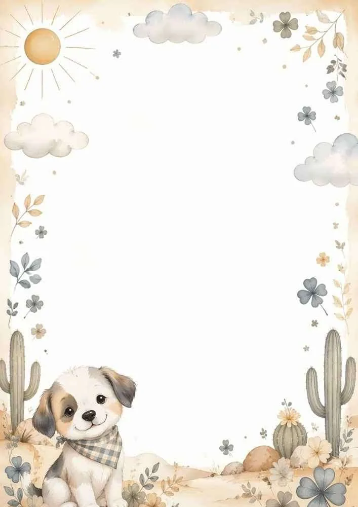 Puppy beside cacti with sun, clouds, and floral border.
