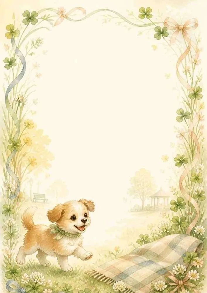 Puppy running in a clover garden with floral border and ribbons.