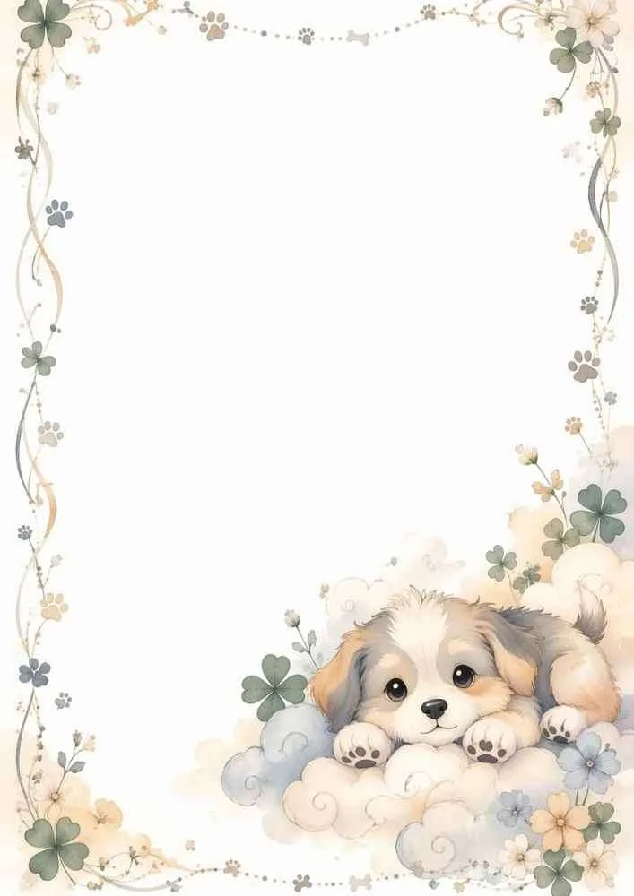 Puppy sleeping on clouds with clover and floral border.