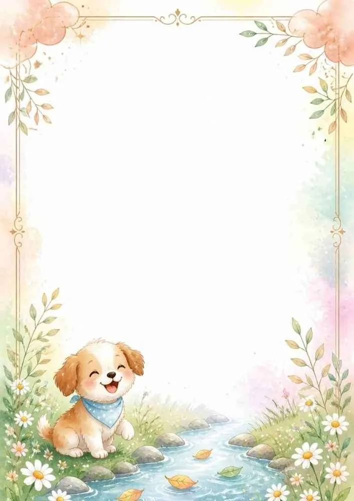 Puppy beside a stream with flowers and decorative border.