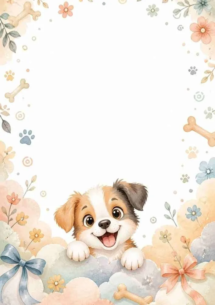 Puppy peeking over clouds with flowers, bows, bones, and paw prints.