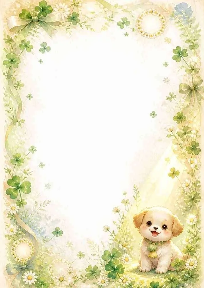 Puppy surrounded by clovers and flowers in a decorative border.