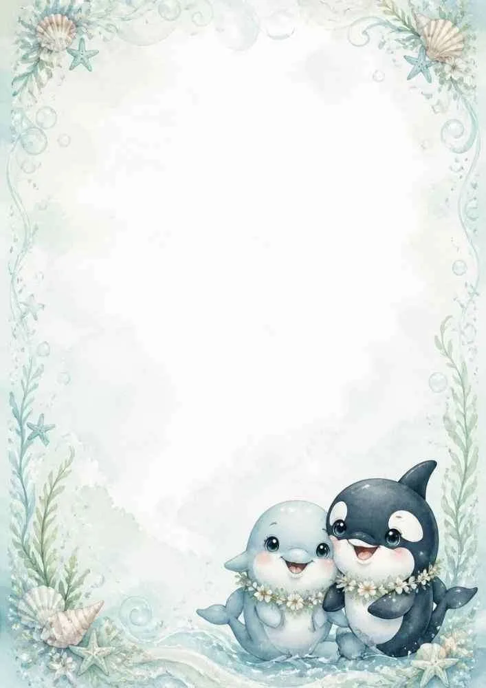 Ocean border with a cute dolphin, orca, seashells, sea stars, and a large blank center.
