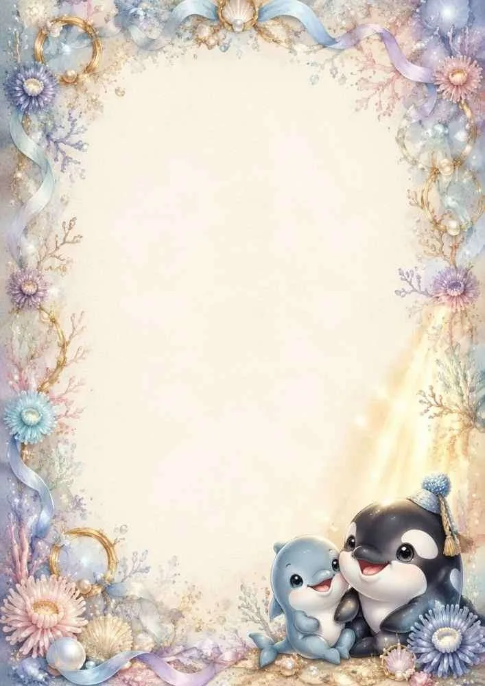 Floral border with dolphin, orca, shells, and blank center.