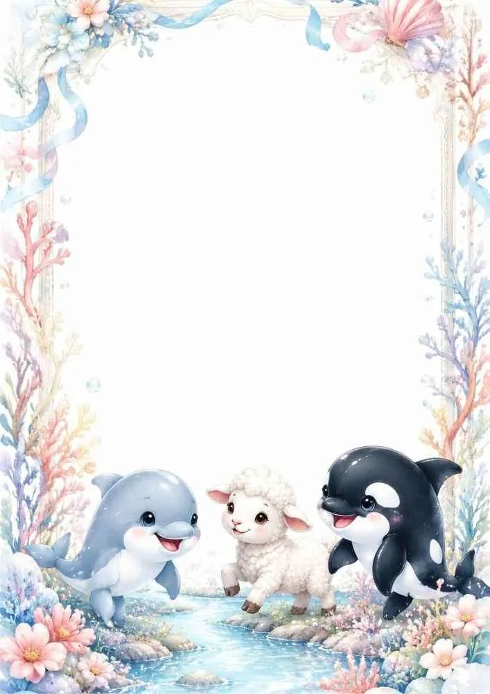 Border with dolphin, lamb, orca, flowers, and blank center.