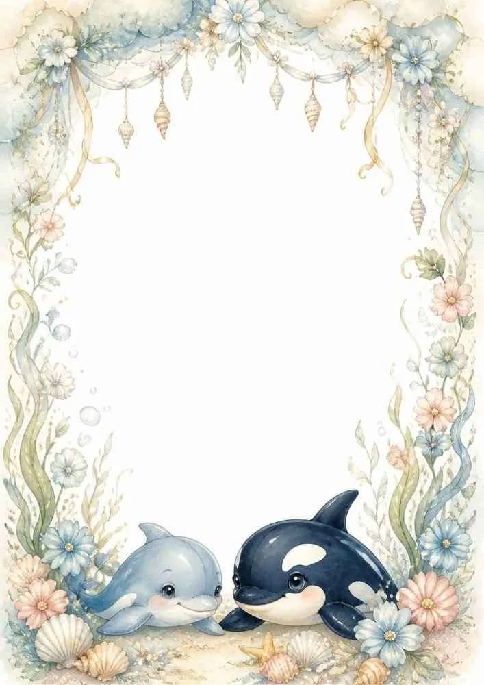 Floral border with dolphin, orca, shells, flowers, and blank center.