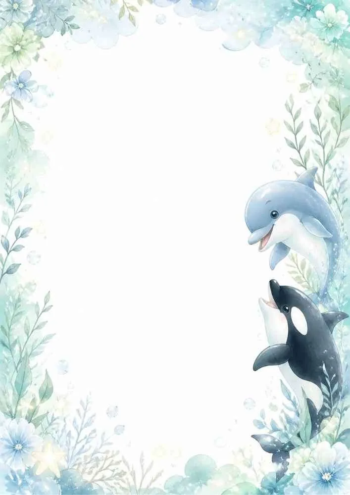 Side border with dolphin, orca, sea plants, bubbles, and blank center.