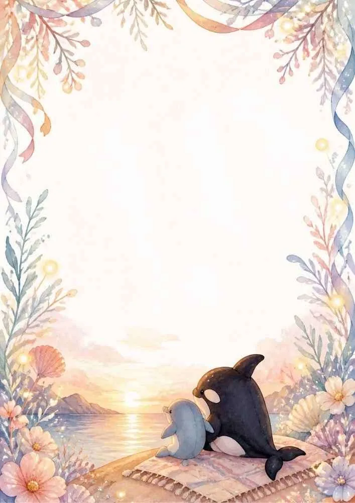 Sunset beach border with dolphin, orca, flowers, and blank center.