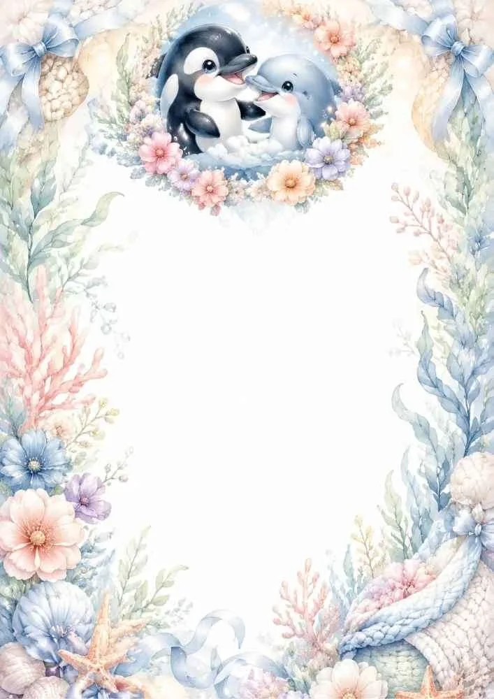Floral border with dolphin, orca, wreath, flowers, and blank center.