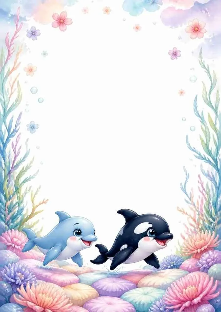 Ocean border with dolphin, orca, flowers, shells, and blank center.