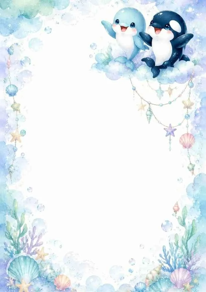 Cloud border with dolphin, orca, shells, stars, and blank center.