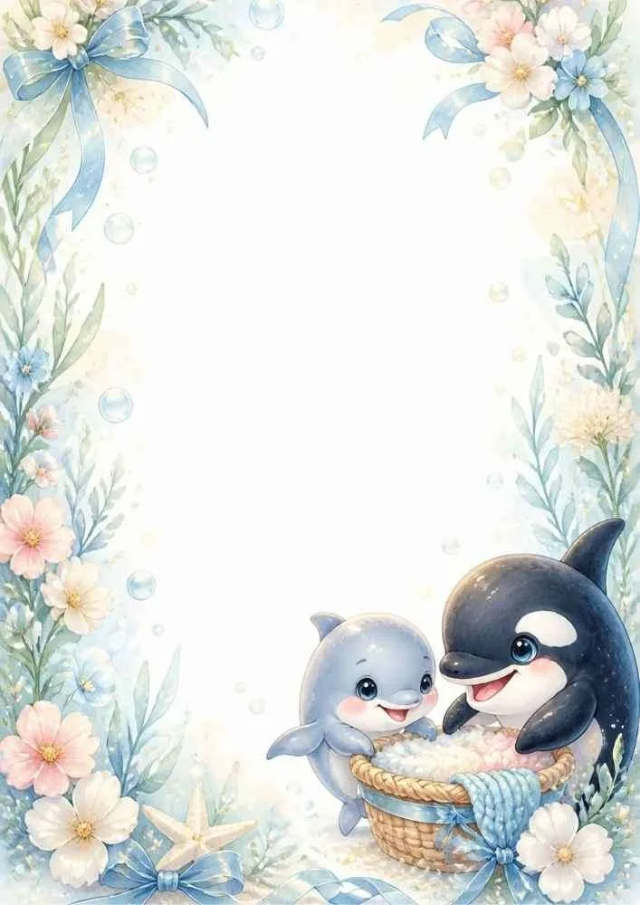 Floral border with dolphin, orca, basket, ribbons, and blank center.
