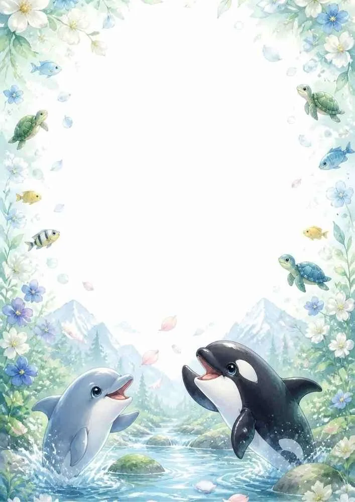 Nature border with dolphin, orca, turtles, fish, mountains, and blank center.