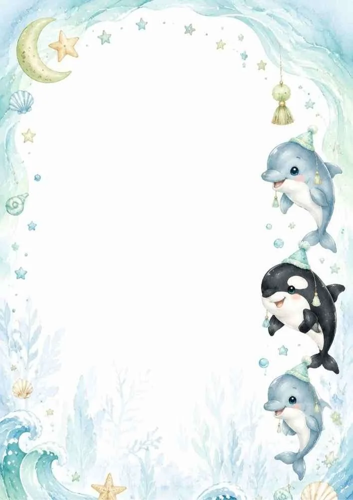 Ocean border with dolphin, two orcas, moon, stars, shells, and blank center.