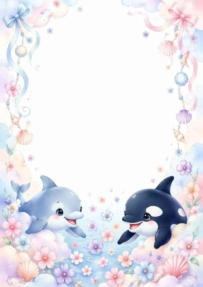 Pastel floral border with dolphin, orca, flowers, ribbons, and blank center.