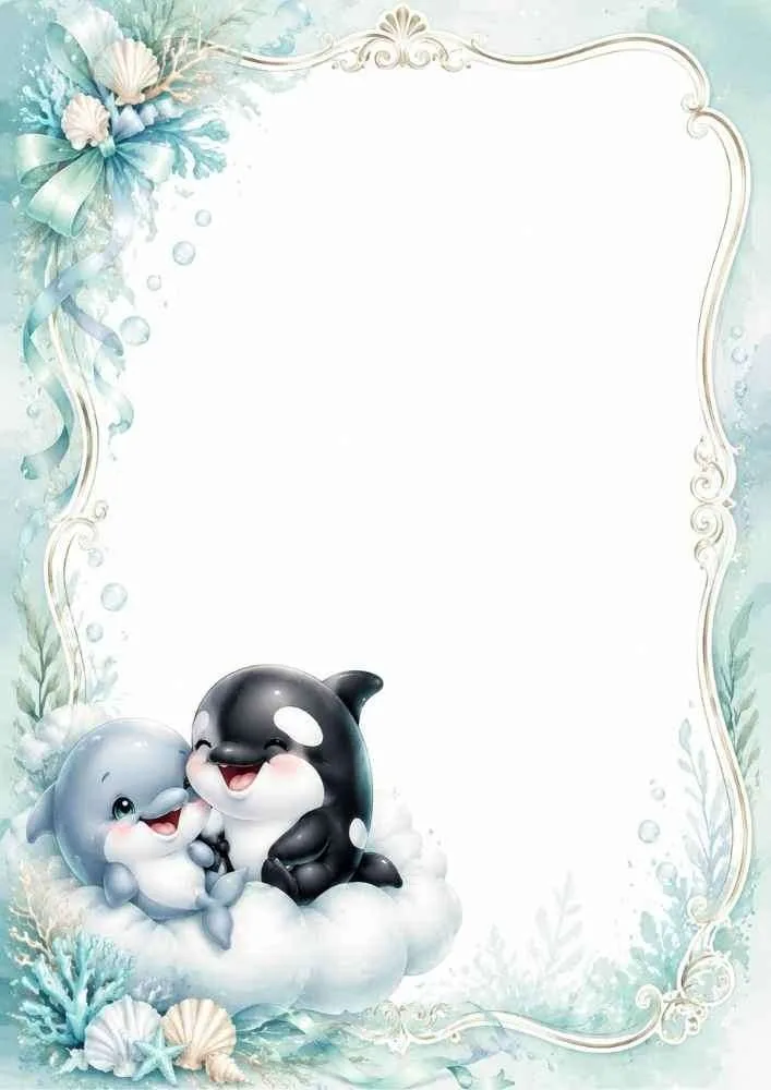 Decorative border with baby dolphin, orca, shells, ribbon, and blank center.