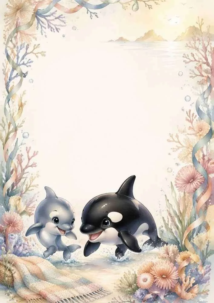Beach border with dolphin, orca, flowers, coral, and blank center.