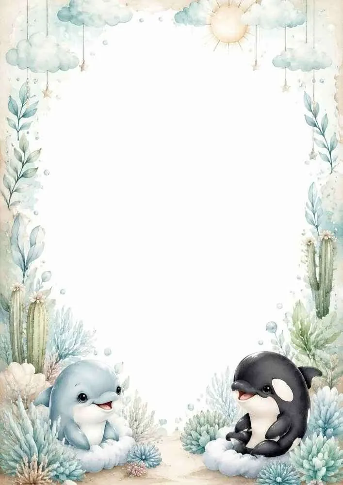 Border with dolphin, orca, clouds, sun, plants, and large blank center.