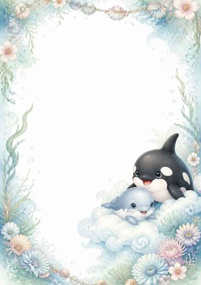 Floral ocean border with dolphin, orca, shells, and blank center.