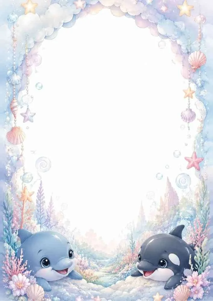 Pastel ocean border with dolphin, orca, shells, stars, and blank center.