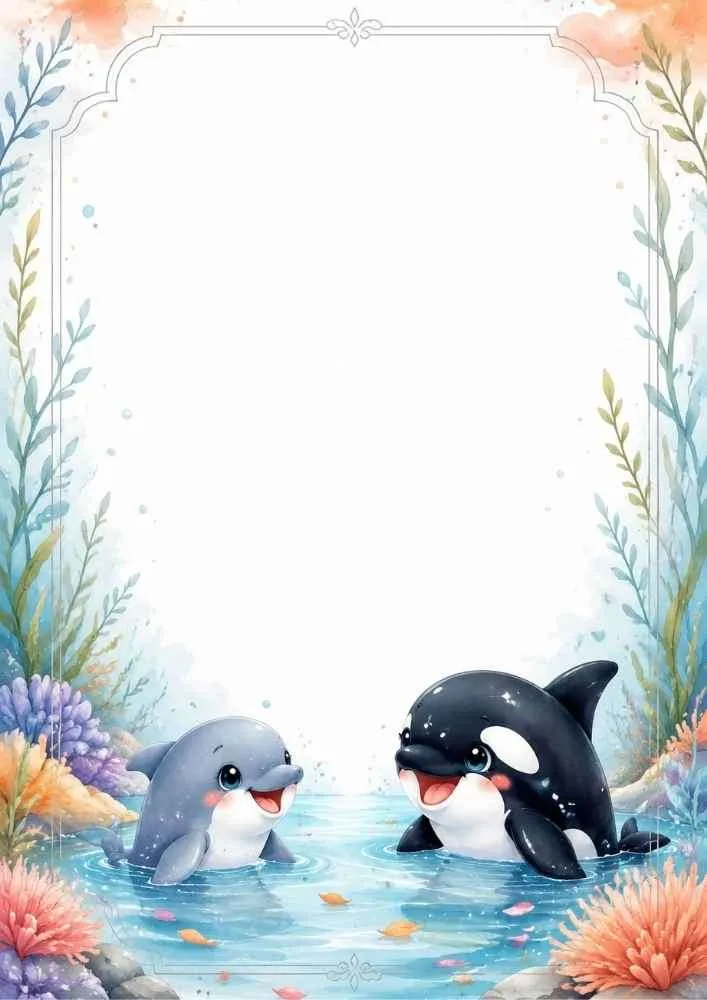 Water border with smiling dolphin, orca, flowers, and blank center.