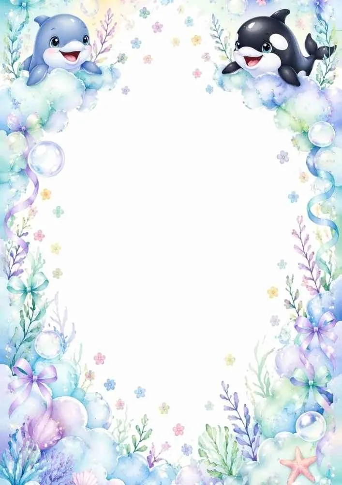 Border with dolphin, orca, flowers, ribbons, clouds, and blank center.