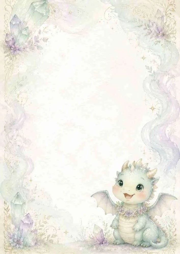 Baby dragon beside crystals with a pastel fantasy border and a large blank center.