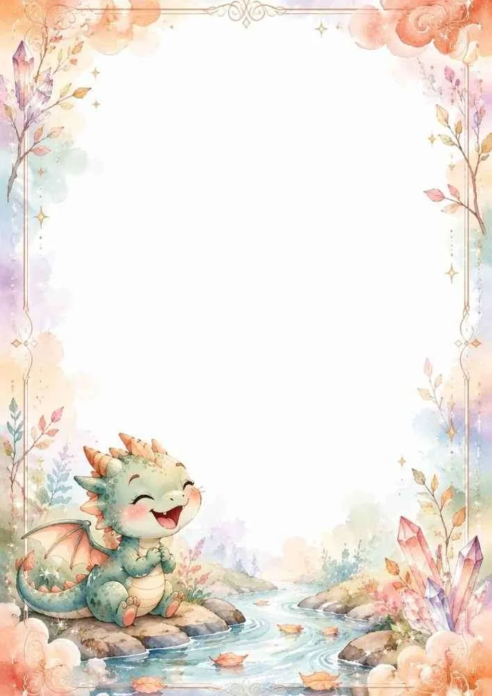 Baby dragon by a river with flowers, crystals, and a blank center.