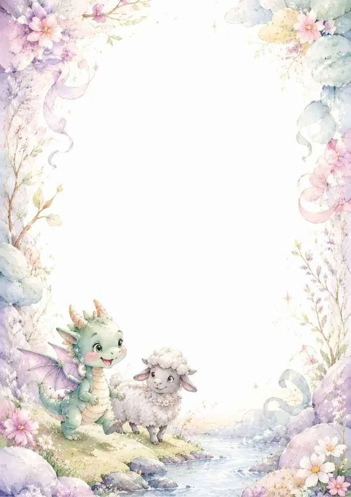 Baby dragon with a lamb, flowers, stream, and a large blank center.