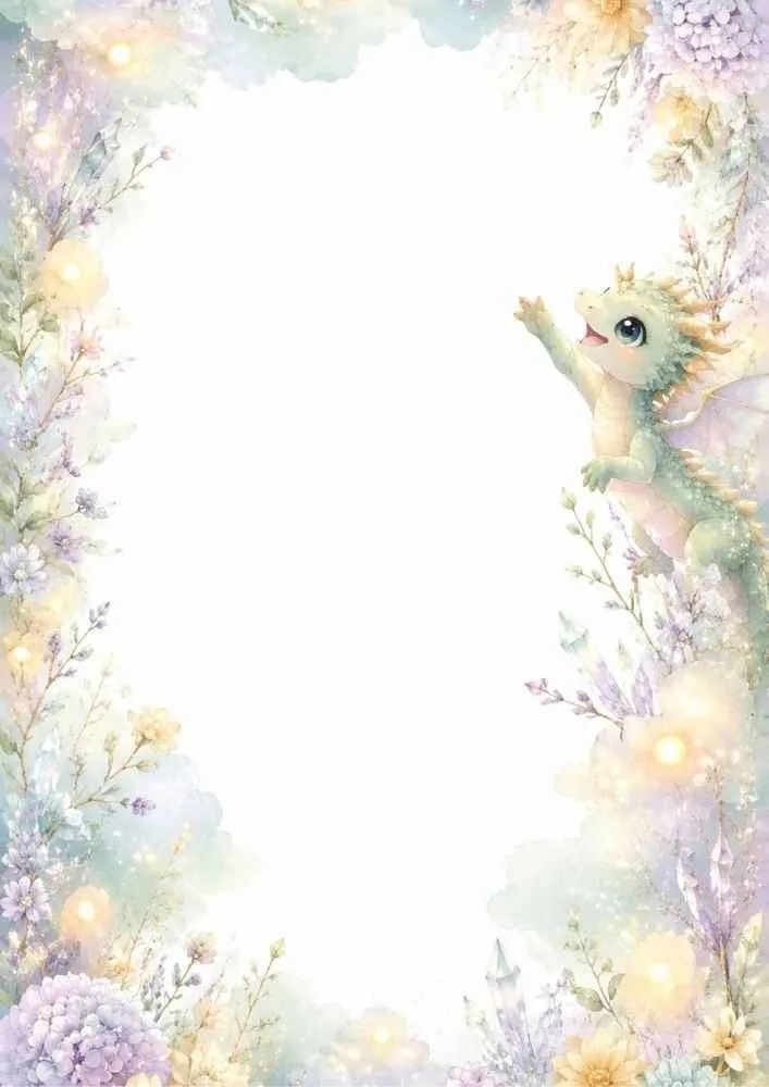 Baby dragon reaching up among flowers, crystals, and a blank center.