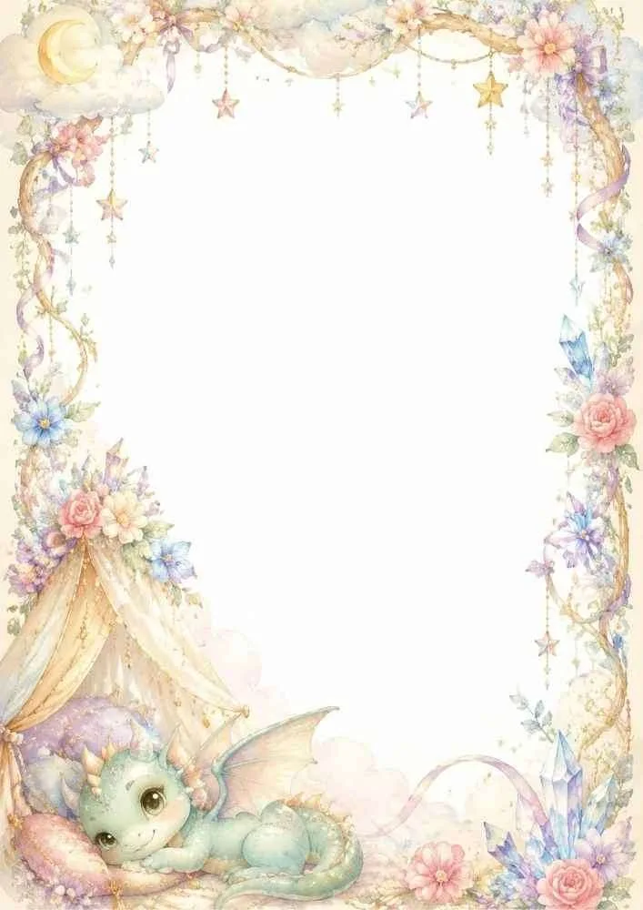 Sleeping baby dragon by a tent with flowers and a blank center.