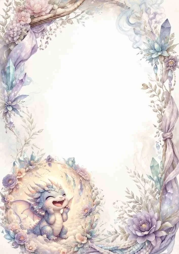 Smiling baby dragon with flowers, crystals, and a large blank center.