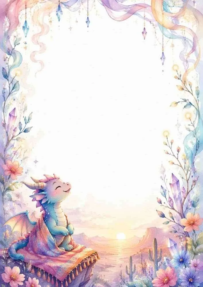 Baby dragon watching a sunset with flowers, crystals, and a blank center.