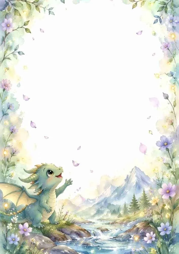 Baby dragon by a mountain stream with flowers and a blank center.