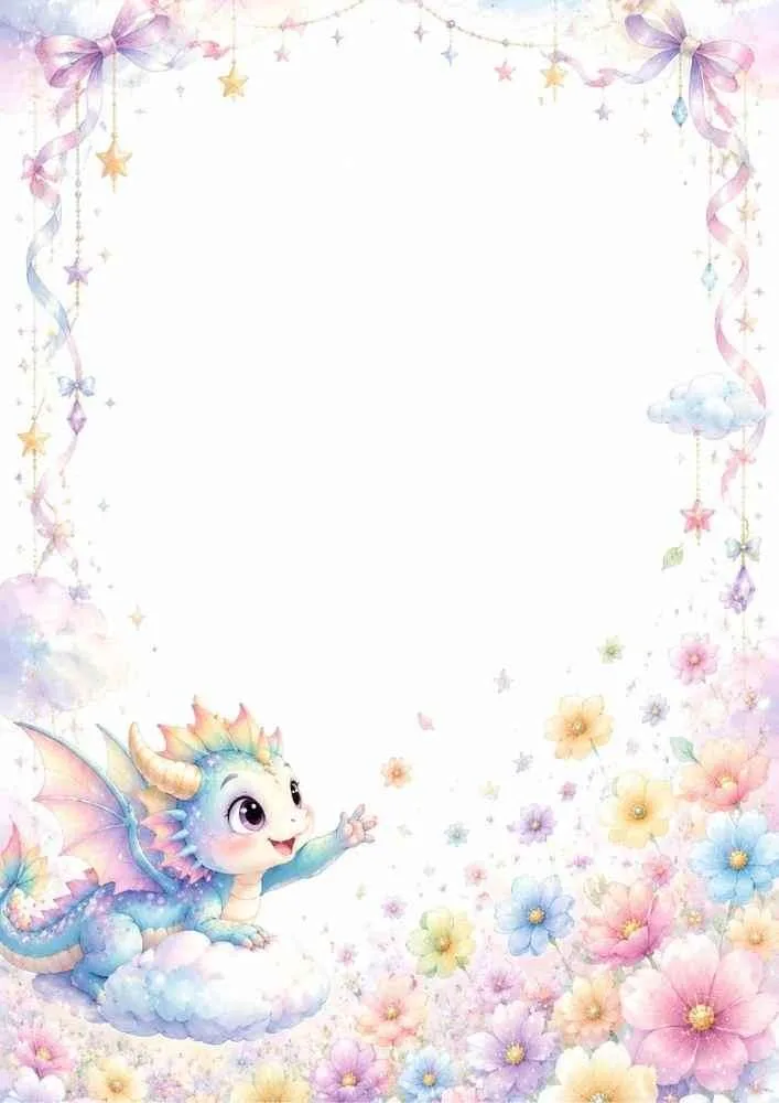 Baby dragon on a cloud with flowers, ribbons, and a blank center.
