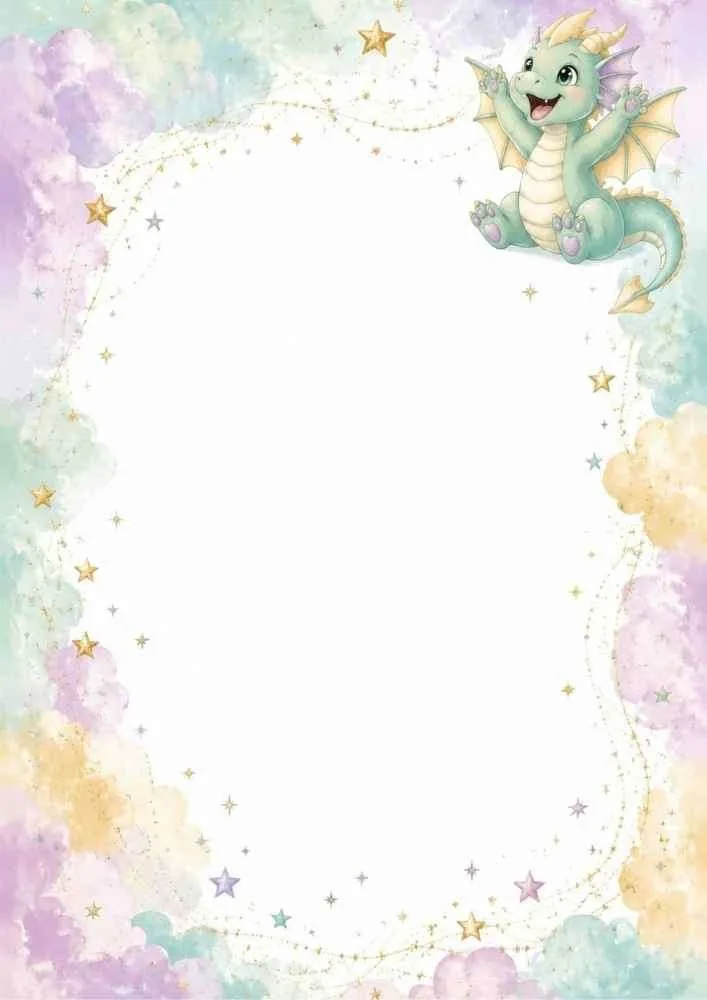 Flying baby dragon with clouds, stars, and a large blank center.